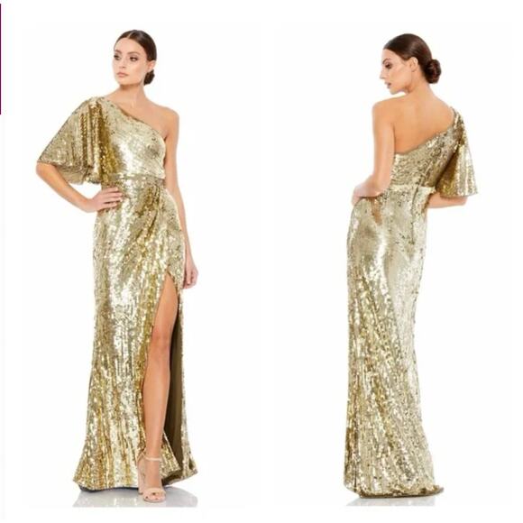 Mac Duggal Dresses & Skirts - MAC DUGGAL 93540 One Shoulder Flutter Sleeve Gold Sequin Gown Women's Size 10